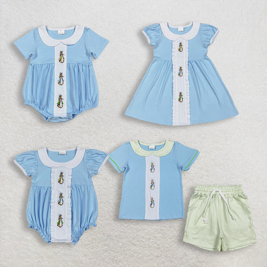3.27 RTS Sibling blue short sleeves rabbit embroidery girls boys Easter dress  outfits and romper