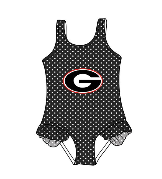 CUSTOM MOQ 5 Cute Comfortable Clothing For Kids Baby Girls Black G Polka Dots Ruffle Team One Piece Swimsuits