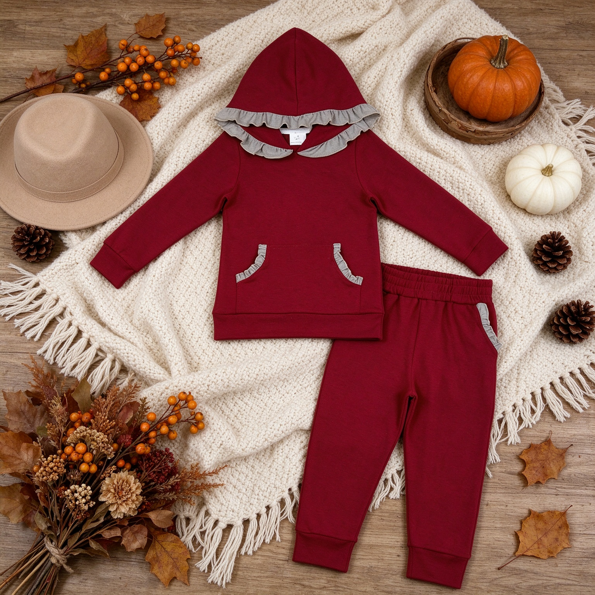 RTS NO MOQ （In stock）cotton GLP3565 Baby Girls Red Grey Long Sleeve Ruffle Hoodie Pockets Jogger Sets