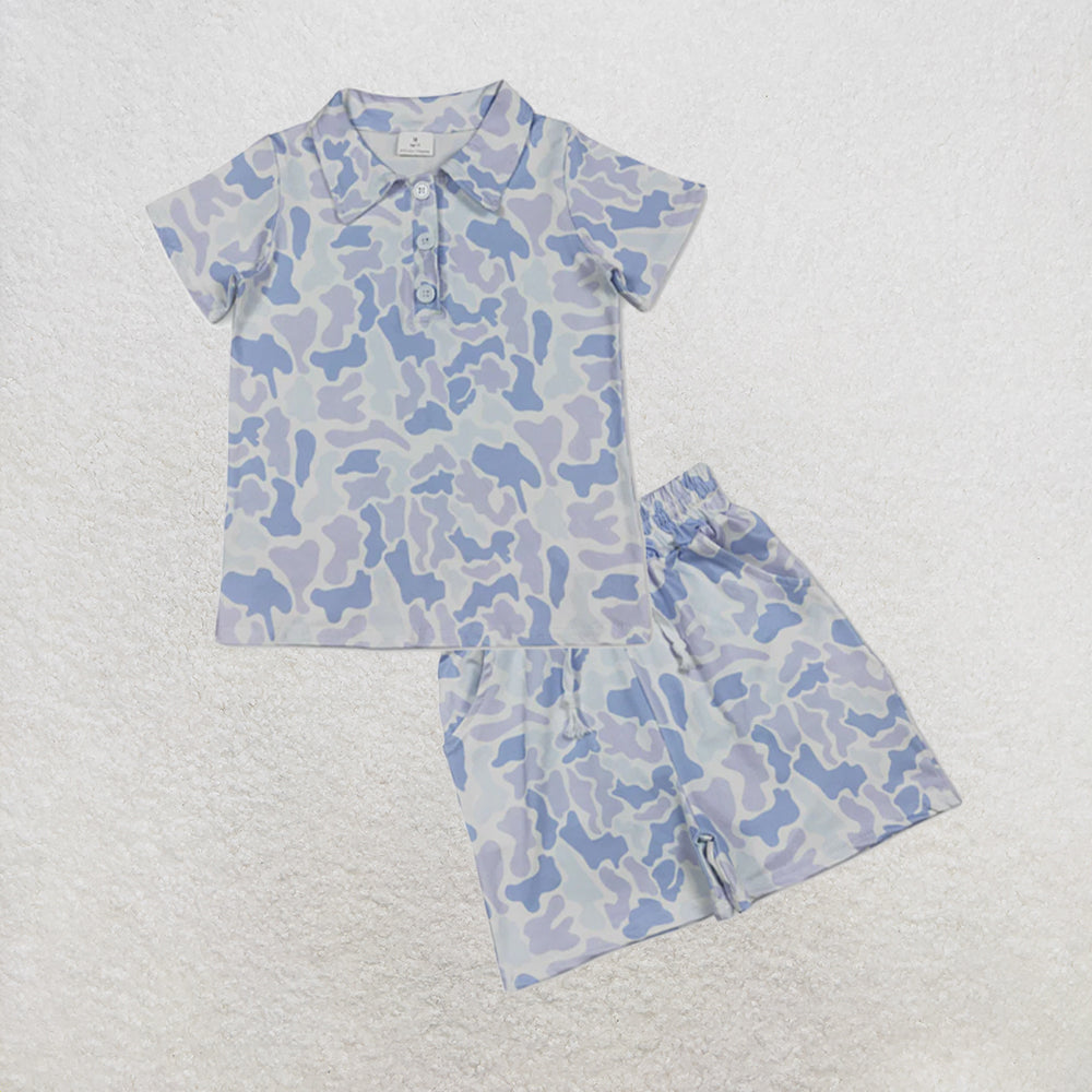 5.13 RTS NO MOQ （In stock）BT1766+SS0886 Short sleeves blue camo kids boys polo shirt outfits