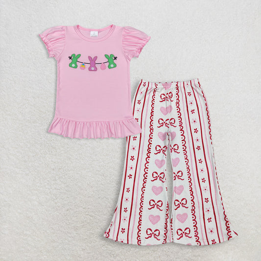 3.12 RTS NO MOQ （In stock）GT0391+ P0894 Baby Girls Easter Pink Rabbits Bunny Puffy Short Sleeve Shirt Tops Bows Hearts Flowers Stripe Valentines Flare Pants Bottom