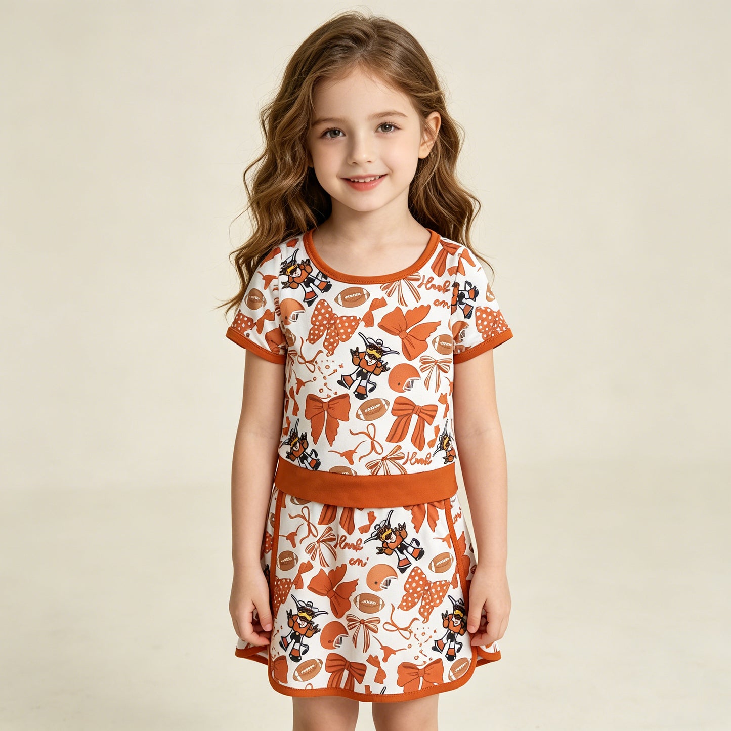 GSD3697 RTS NO MOQ （In stock ）Short sleeves football bow top skirt girls team active wear set