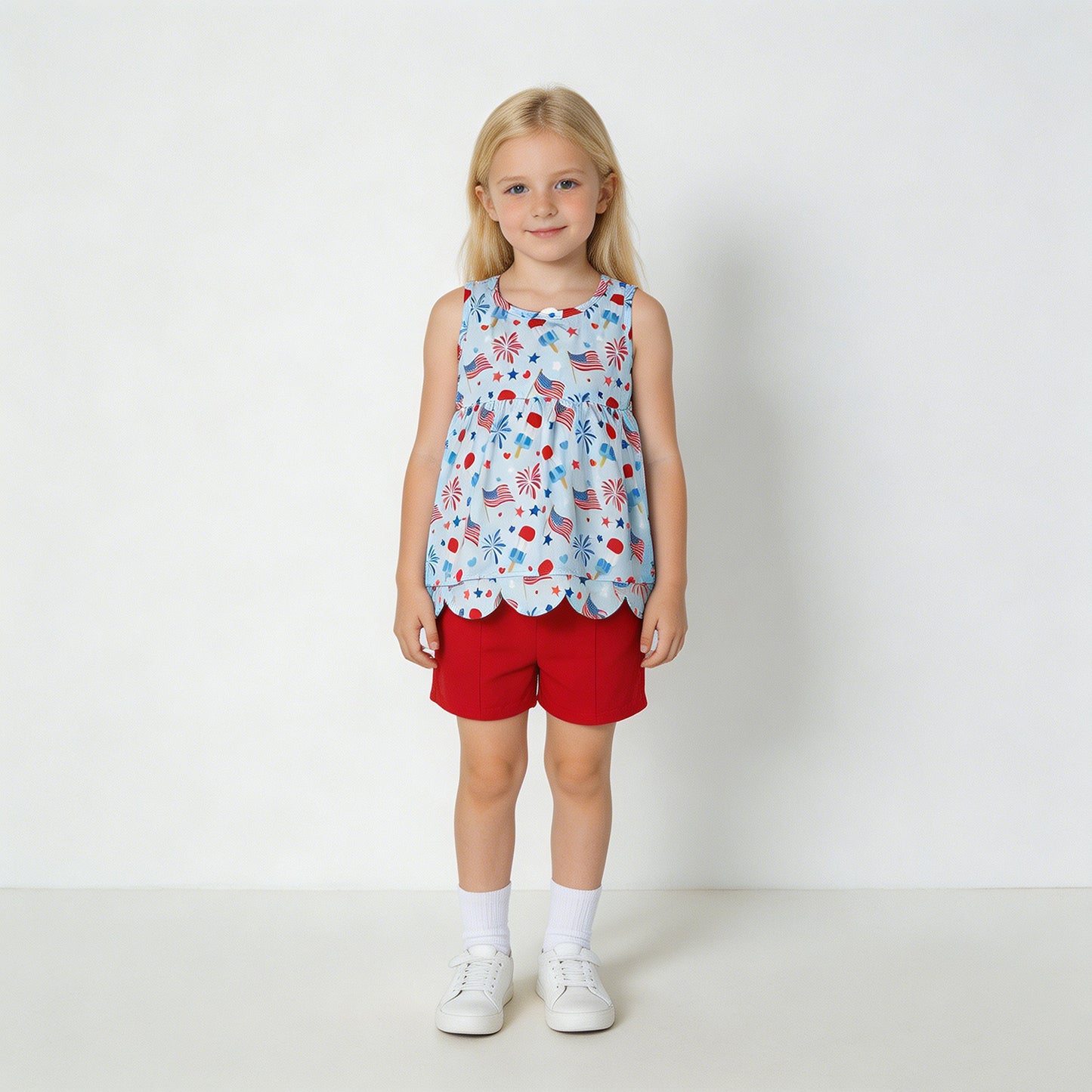 GSSO3386 RTS NO MOQ （In stock）Popsicle flag scallop tunic shorts girls 4th of july outfits