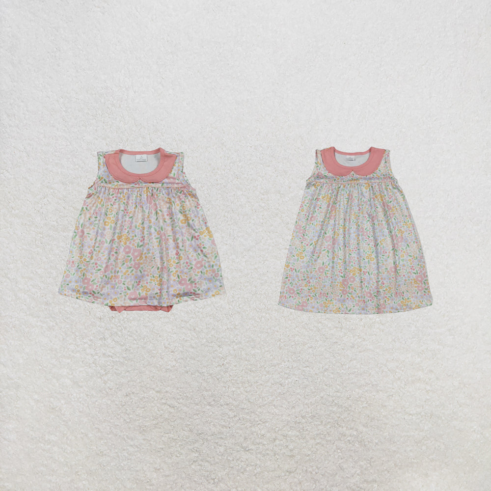 RTS Sibling Sleeveless doll collar floral baby girls spring summer dress and romper