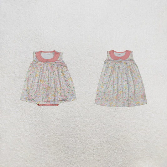 RTS Sibling Sleeveless doll collar floral baby girls spring summer dress and romper