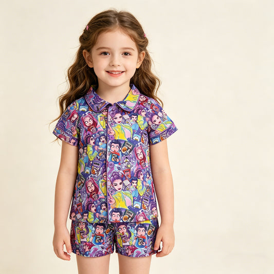 GSSO3087 RTS NO MOQ （In stock ）Short sleeves purple kids girls pajamas set
