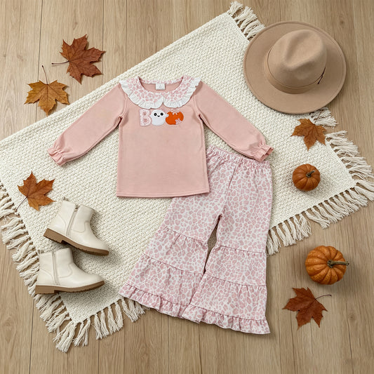 RTS NO MOQ milk silk GLP3630 Embroidery Pumpkin Ghost BOO Baby Girls Top Leopard Bell Bottom Halloween Sets