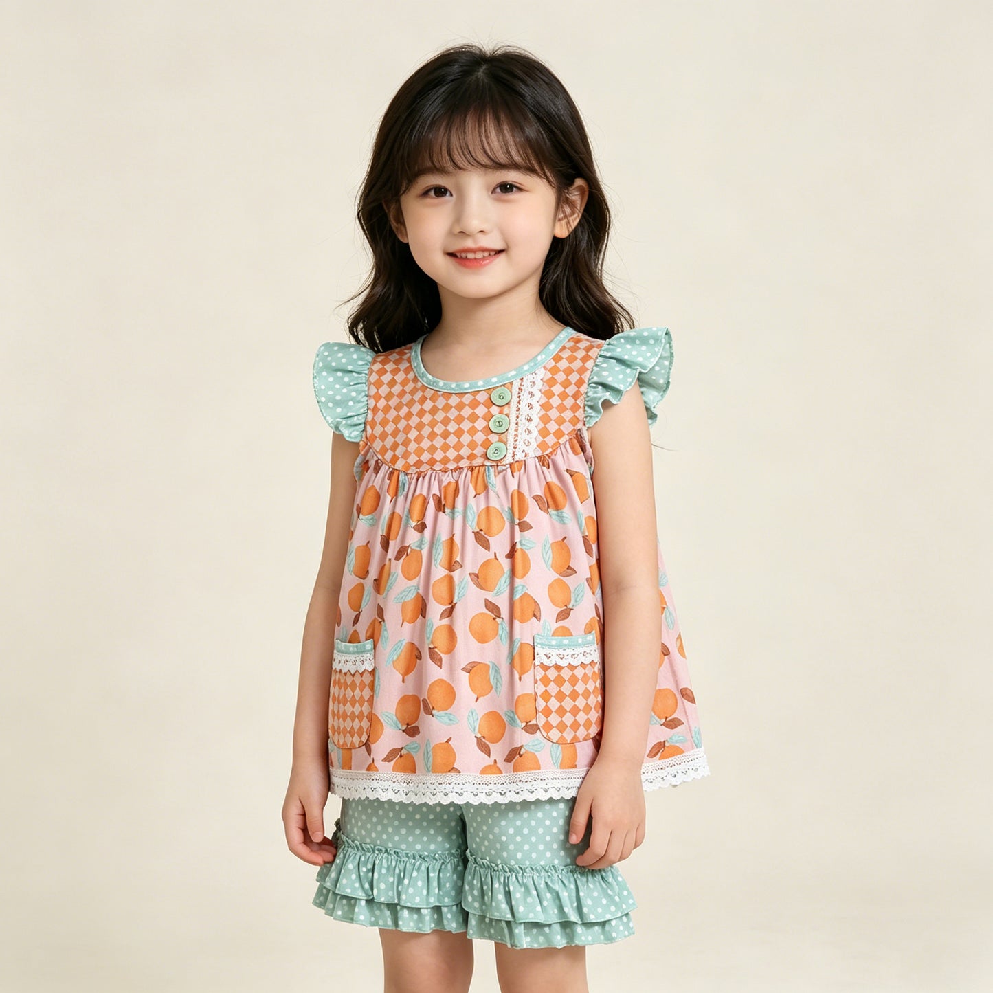4.10 GSSO3742 RTS NO MOQ （In stock ）Baby Girls Flutter Sleeve Peaches Button Pockets Tunic Polka Dots Ruffle Short Clothes Set