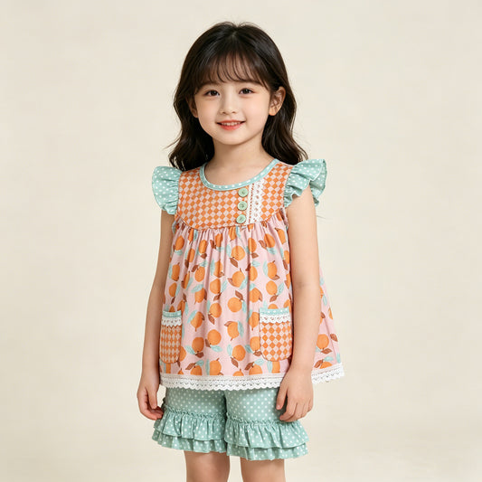 4.10 GSSO3742 RTS NO MOQ （In stock ）Baby Girls Flutter Sleeve Peaches Button Pockets Tunic Polka Dots Ruffle Short Clothes Set