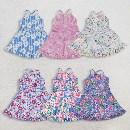3.2 RST Clothes Sibling Summer Baby Girls Straps Flowers Wear Yoga Athletic Knee Length Dresses