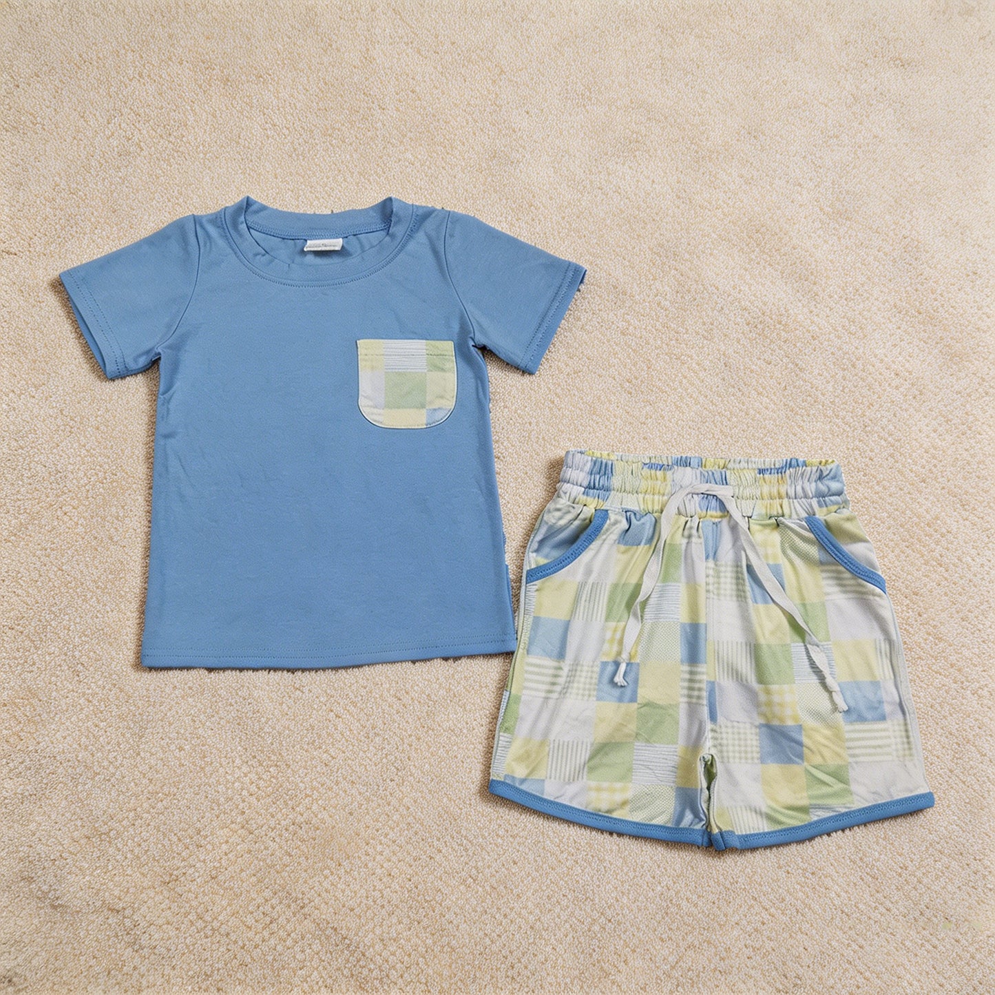 BSSO1950 RTS NO MOQ （In stock ）Baby Boys Light Blue Short Sleeve Shirt Top Checked Pockets Short Clothes Sets