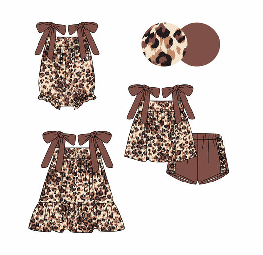 Girls Brown Straps Leopard Tunic Ruffle Shorts Outfit Set - Animal Print Top with Flared Skirt Bottom for Kids