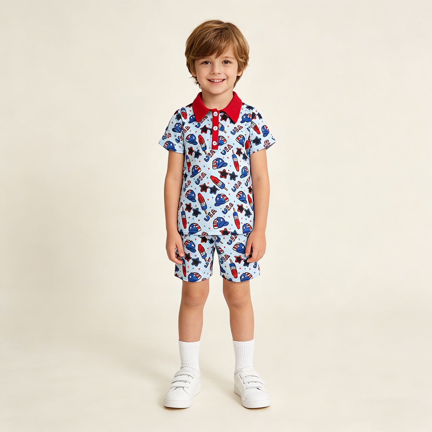 BT1767 RTS NO MOQ （In stock ）Short sleeves USA popsicle kids boys 4th of july polo shirt