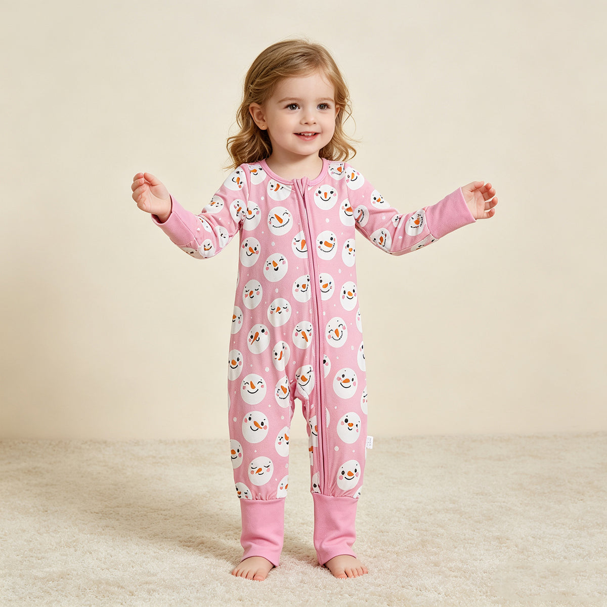 RTS NO MOQ （In stock）milk silk LR3165 Baby Girls Pink Snowmen Christmas Two Way Zip Convertible Rompers