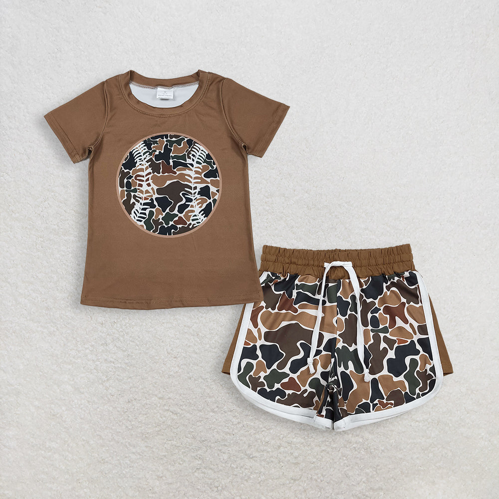 3.16 RTS NO MOQ （In stock）BT1429 + SS0742 Fashion Clothing For Baby Boys Short Sleeve Brown Camo Baseballs Team T-shirts Top Shorts Bottom