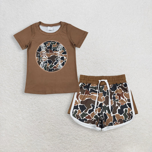 3.16 RTS NO MOQ （In stock）BT1429 + SS0742 Fashion Clothing For Baby Boys Short Sleeve Brown Camo Baseballs Team T-shirts Top Shorts Bottom