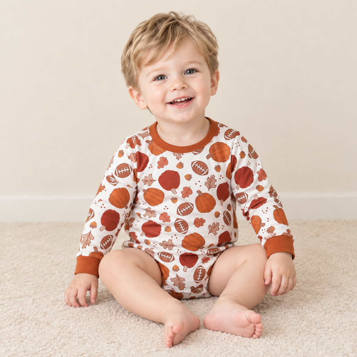 RTS NO MOQ （In stock） milk silk LR3235 Baby Boys Football Pumpkins Long Sleeve Fall Cute Romper