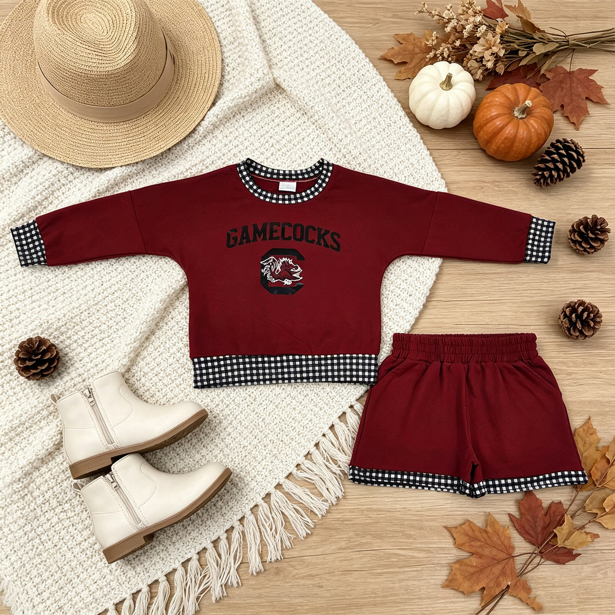 RTS NO MOQ （In stock）GLS0169 Baby Girls Vinyl Gamecocks Long Sleeve Top Pockets Short Team Clothes Set