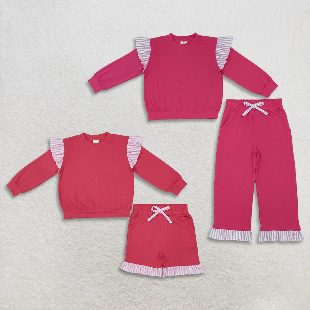 RTS NO MOQ SSibling milk silk Baby Girls Watermelon Red Stripe Ruffle Long Sleeve Top Pant Short Set