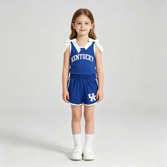 GSSO3830 RTS NO MOQ （In stock）Sleeveless white bow blue top shorts U K team girls outfits