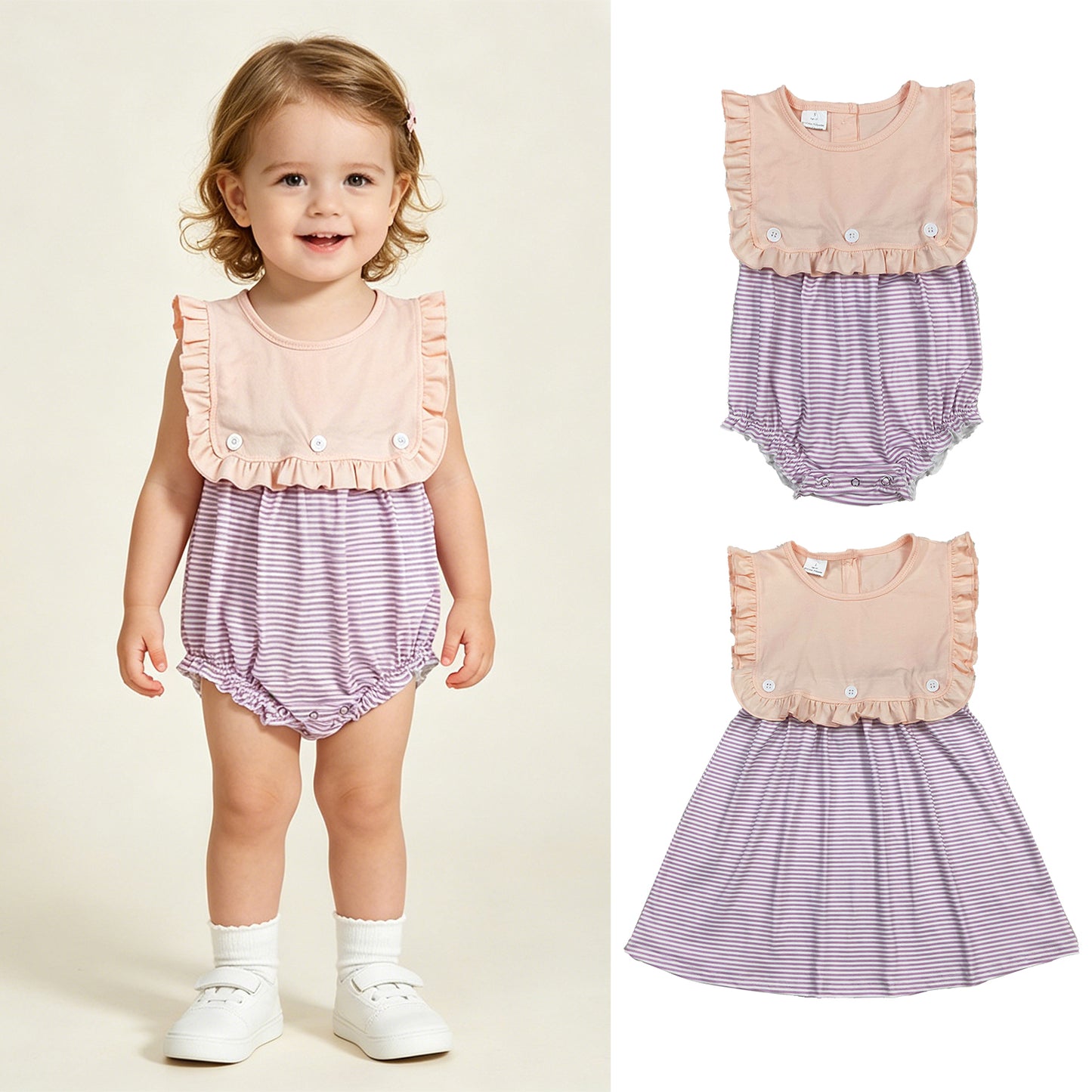 RTS Sibling Sleeveless ruffle stripe kids girls summer dresses and romper