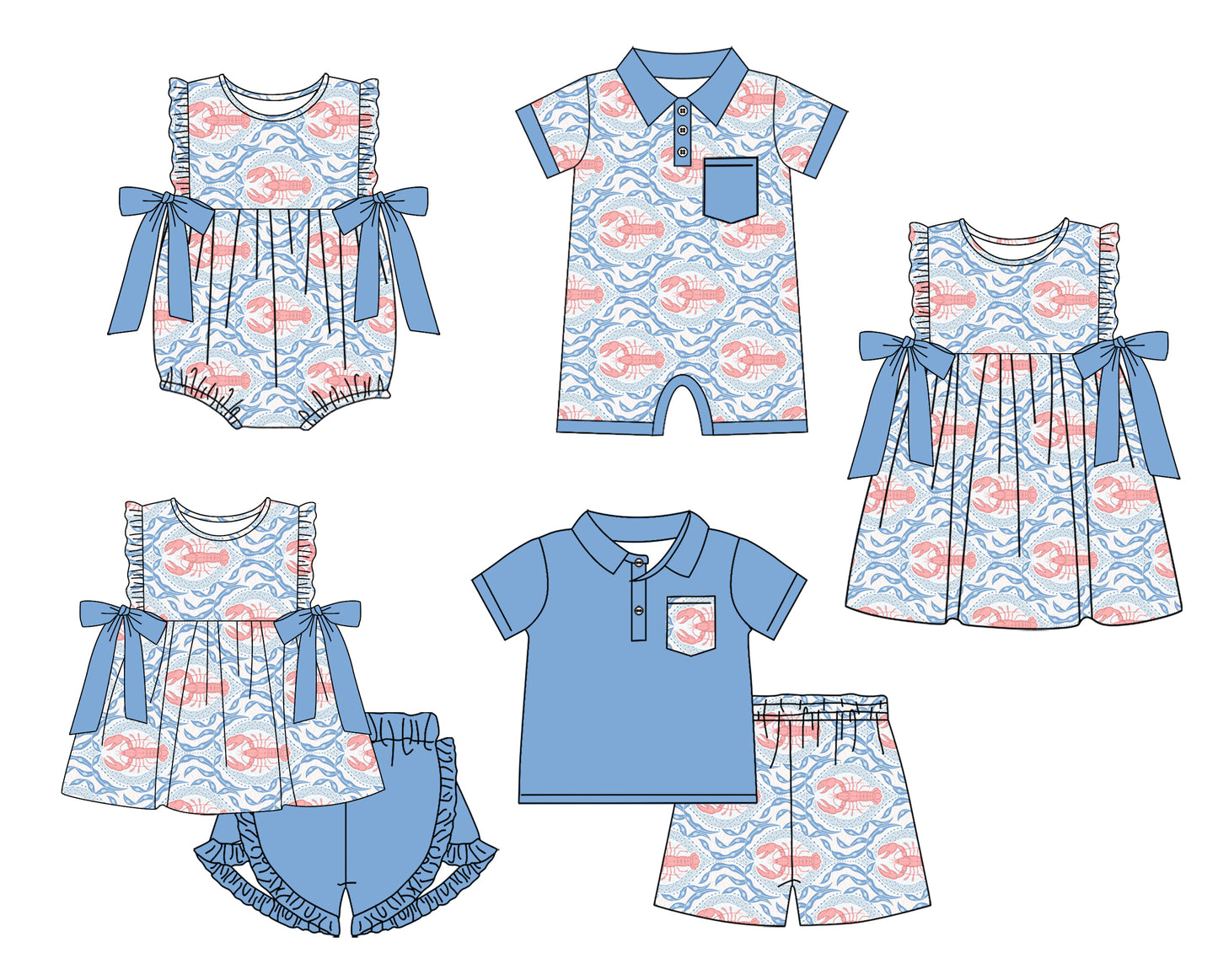 Light blue bow ruffle crawfish tunic shorts girls clothes