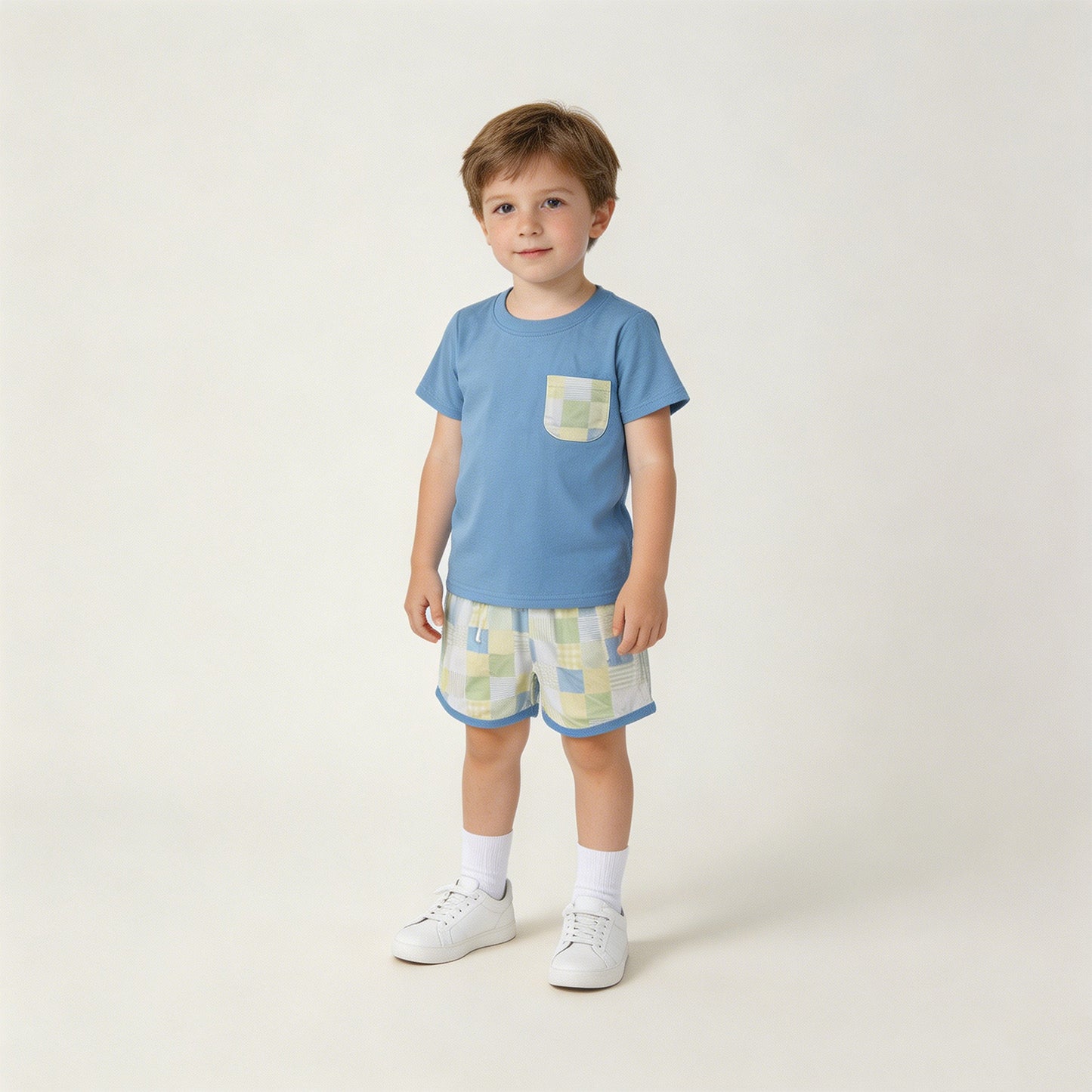BSSO1950 RTS NO MOQ （In stock ）Baby Boys Light Blue Short Sleeve Shirt Top Checked Pockets Short Clothes Sets