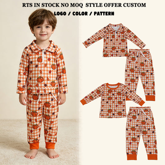 RTS NO MOQ Sibling milk silk Baby Boys Orange Checked Pumpkin Leaf Print Half Zip Pullover And Long Sleeve Top Matching Jogger Pants Fall Set