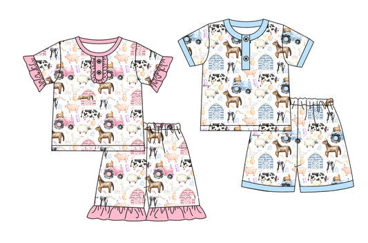 Pink ruffle horse sheep pig tractor girls farm pajamas