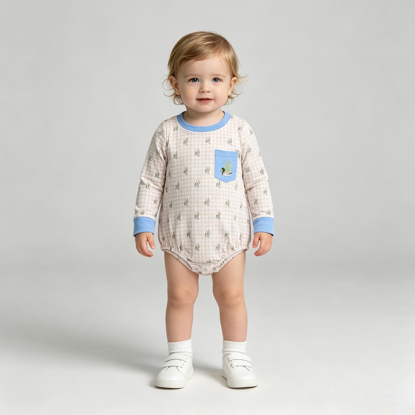 LR3002 RTS NO MOQ （In stock）Embroidery Duck Pocket Baby Boys Long Sleeve Checked Hunting Rompers