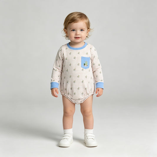 LR3002 RTS NO MOQ （In stock）Embroidery Duck Pocket Baby Boys Long Sleeve Checked Hunting Rompers