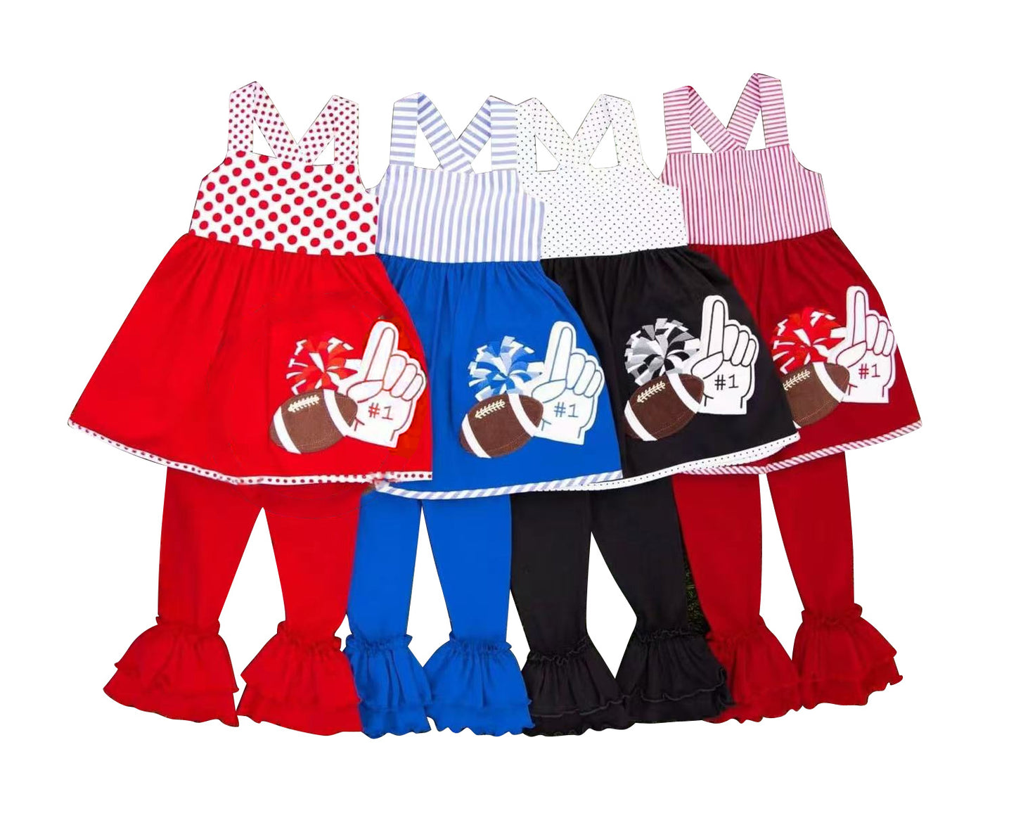 4.22 Pre order No Moq Baby Girls Cute Strap Top With Black Footballs And Cheer Print Ruffle Pant Team Outfit