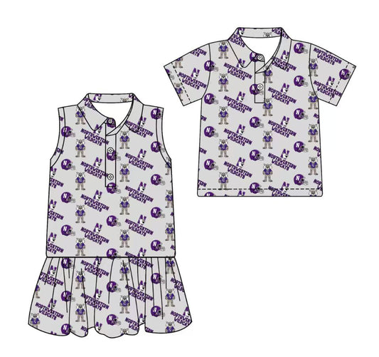 3.17 CUSTOM MOQ 5 Sibling Boys Baby Girls Summer Fashion Short Sleeve Gray Purple Button Polo Shirts Sleeveless Dress Team Clothes Sets