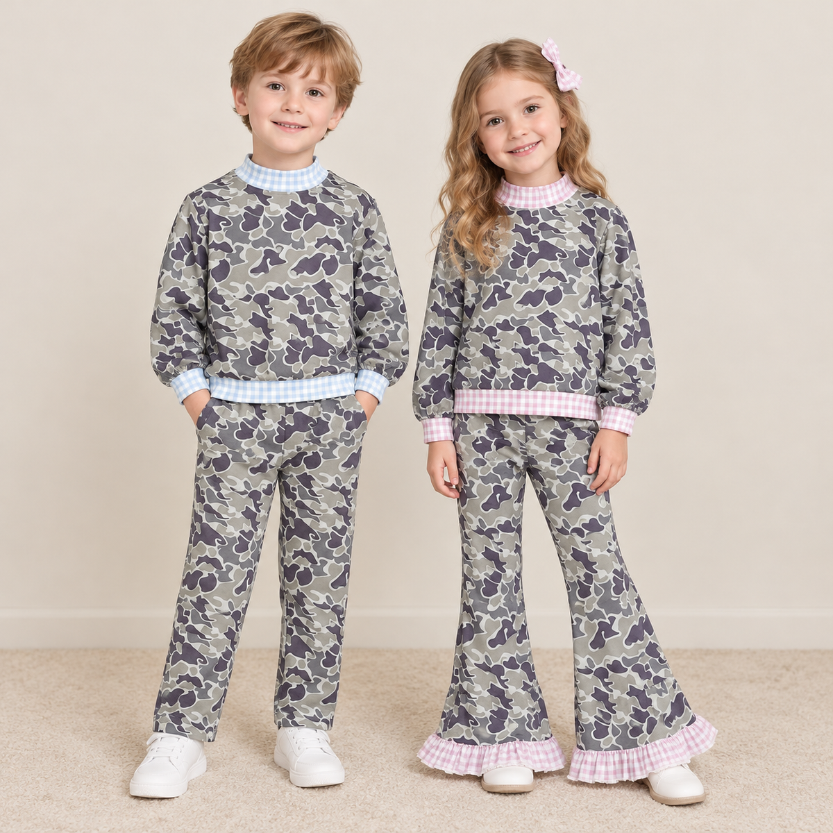 RTS NO MOQ Sibling milk silk High Neck Baby Girls And Boys Grey Camo Print Gingham Trim Long Sleeve Top And Pants Set