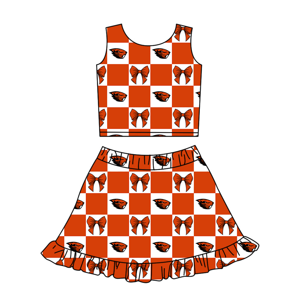 CUSTOM MOQ 5 Sibing Kids Clothing for Girls Baby Girls Orange Bow Top Skirts Yoga Active Team Clothes Sets Knee Length Dress Shorts