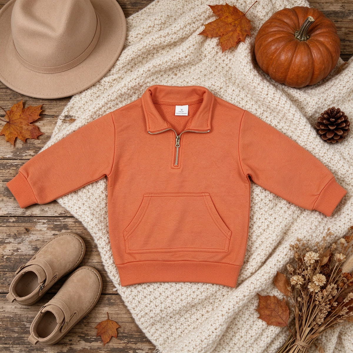 RTS NO MOQ （In stock）fleece GT1765 Baby Girls Zip Pocket Orange Long Sleeve Sweater Pullovers Top