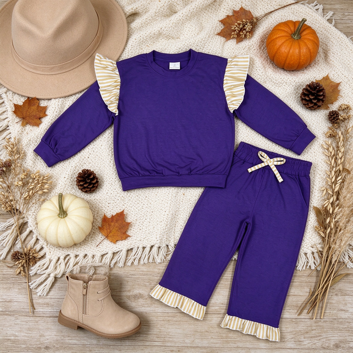 RTS NO MOQ （In stock）cotton GLP3699（GT1846+P1155）Baby Girls Purple Stripe Flutter Sleeve Top Pockets Ruffle Pant Clothes Set