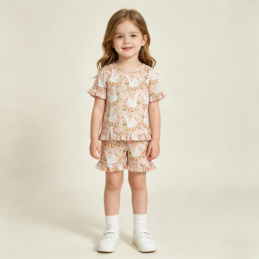 GSSO3329 RTS NO MOQ （In stock ）Ruffle short sleeves goose top shorts girl soutfits