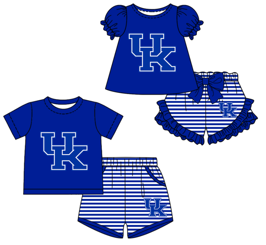CUSTOM MOQ 5 Sibling Boys Baby Girls Blue UK Top Stripe Shorts Clothes Sets
