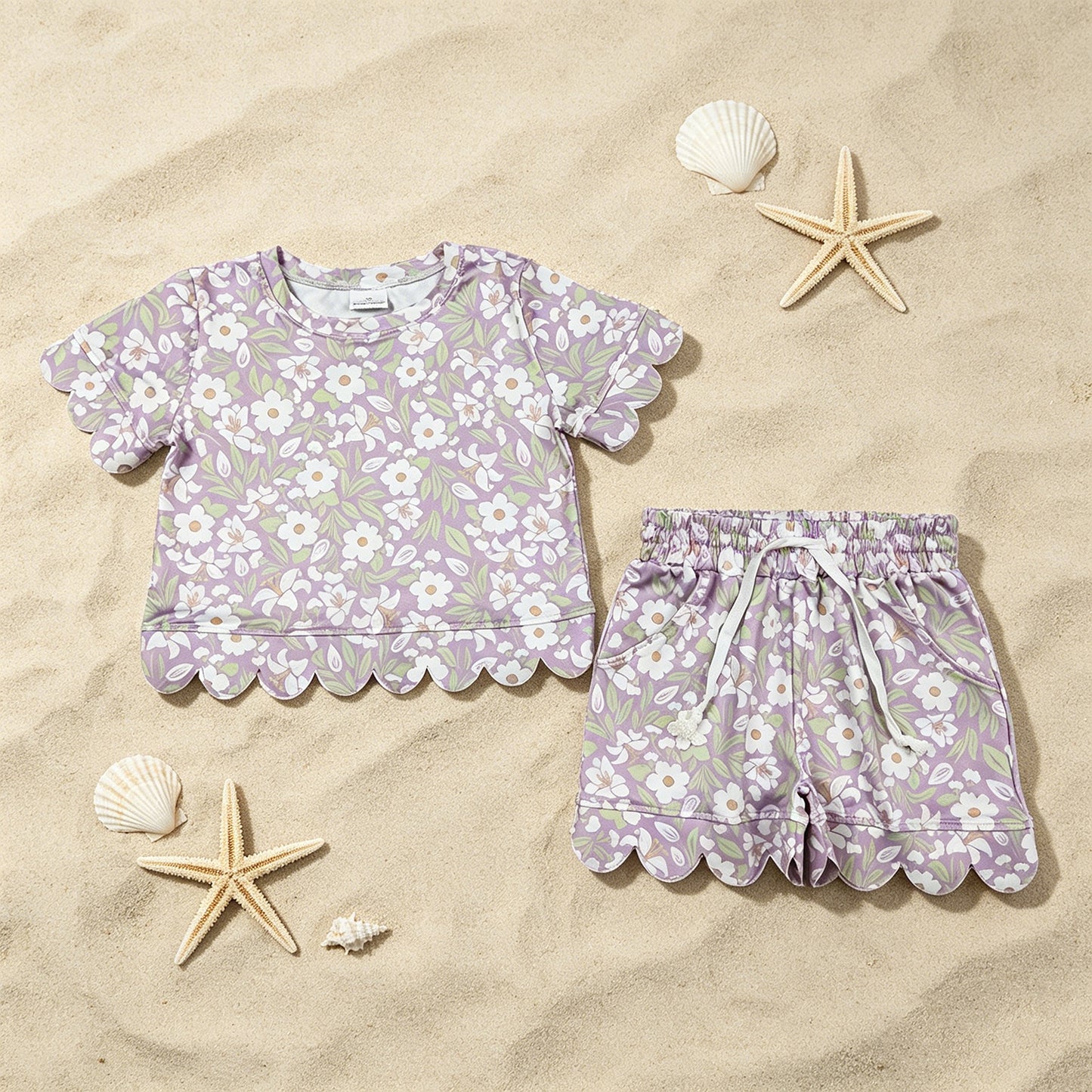 GSSO3265 RTS NO MOQ （In stock ）Lavender white floral scallop girls summer clothes