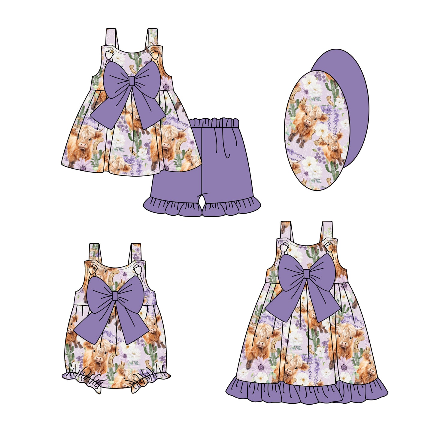 Purple bow straps highland cow cactus girls outfits
