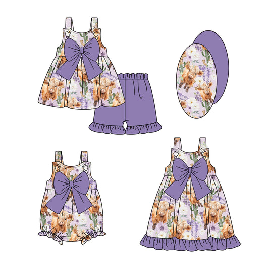 Purple bow straps highland cow cactus girls outfits