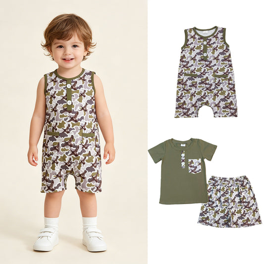 RTS Sibling Short sleeves pocket top duck camo shorts boys outfits and romper