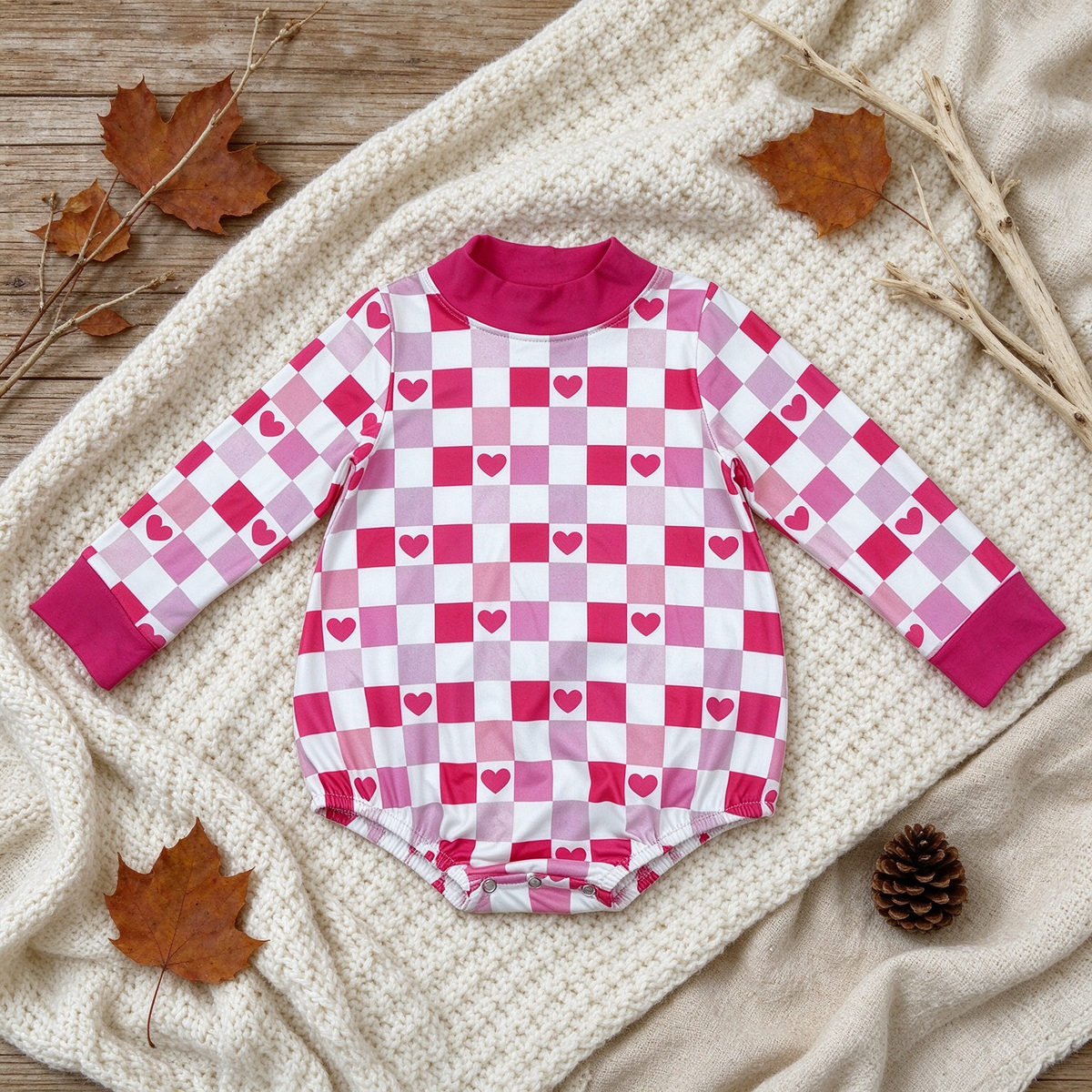 RTS NO MOQ （In stock）milk silk LR3337 High Neck Baby Girls Cute Pink Checked Hearts Casual Long Sleeve Valentines Romper