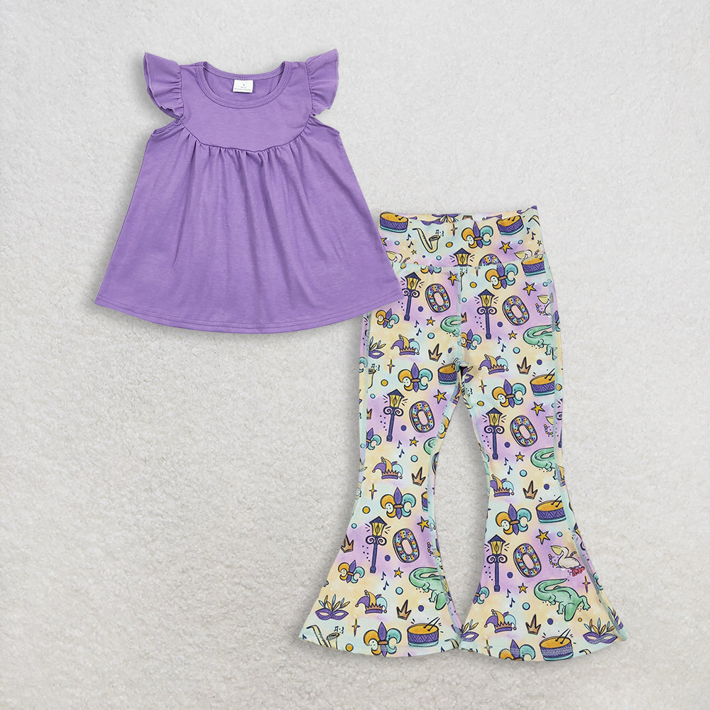 3.11 RTS NO MOQ （In stock）GT0461 + P0938 Baby Girls Lavender Flutter Sleeve Tunic Tops Mardigras Anchors Crocodiles Yoga Active Bell Bottom Pants