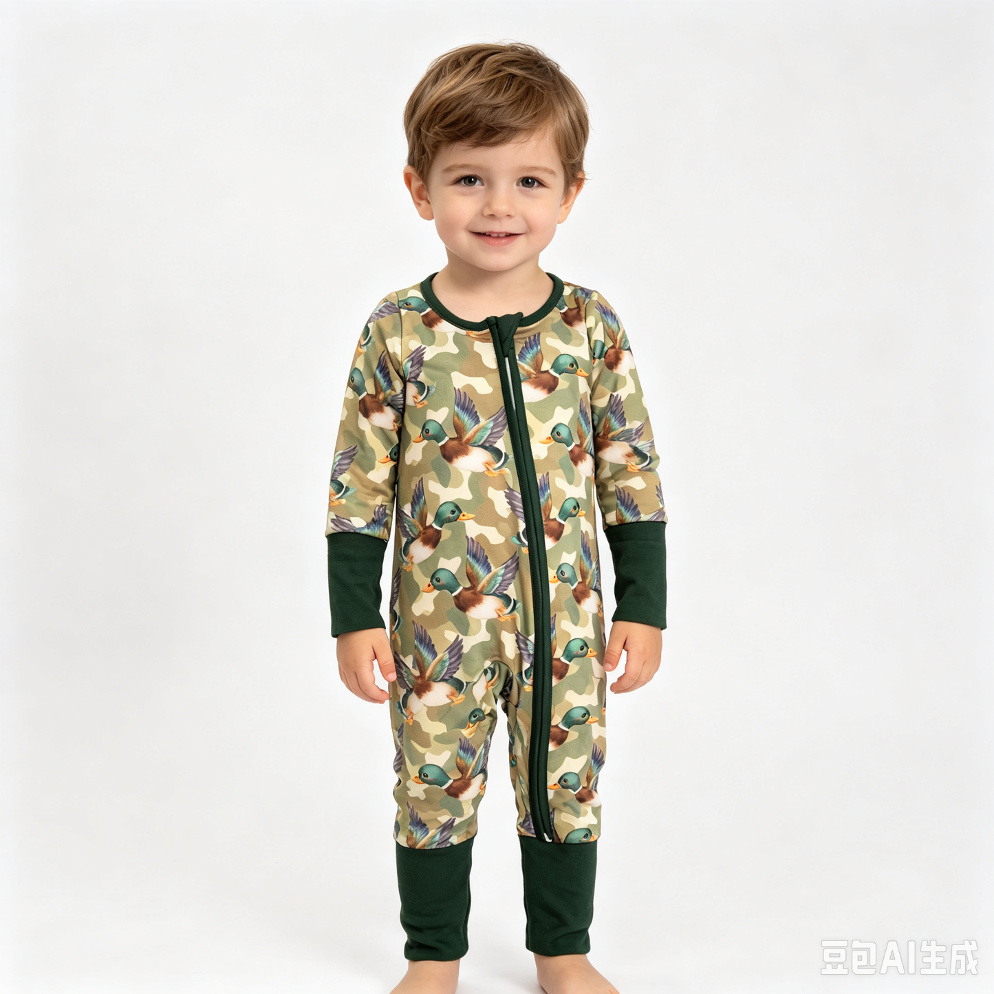 LR3249 Sample No Moq milk silk Baby Boys Green Camo Ducks Hunting Two Way Zip Convertible Rompers