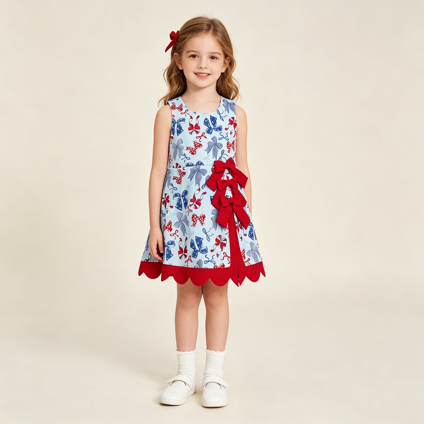 GSD3875 RTS NO MOQ （In stock ）Baby Girls Red Blue Bows 4th of July Yoga Active Scallop Short Knee Length Dress Preorder