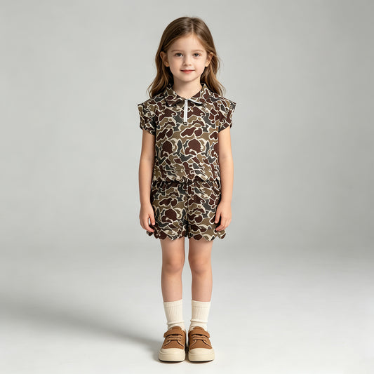 GSSO3569 RTS NO MOQ （In stock）milk silk Baby Girls Khaki Camo Print Zipper Long Sleeve Top Scallop Hem Shorts Clothes Set