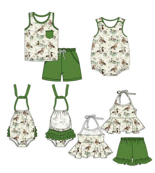 Girls Duck Halter Top Green Ruffle Shorts Outfit Set Cute Animal Print Halter Neck Short Sleeve Matching Clothing Set