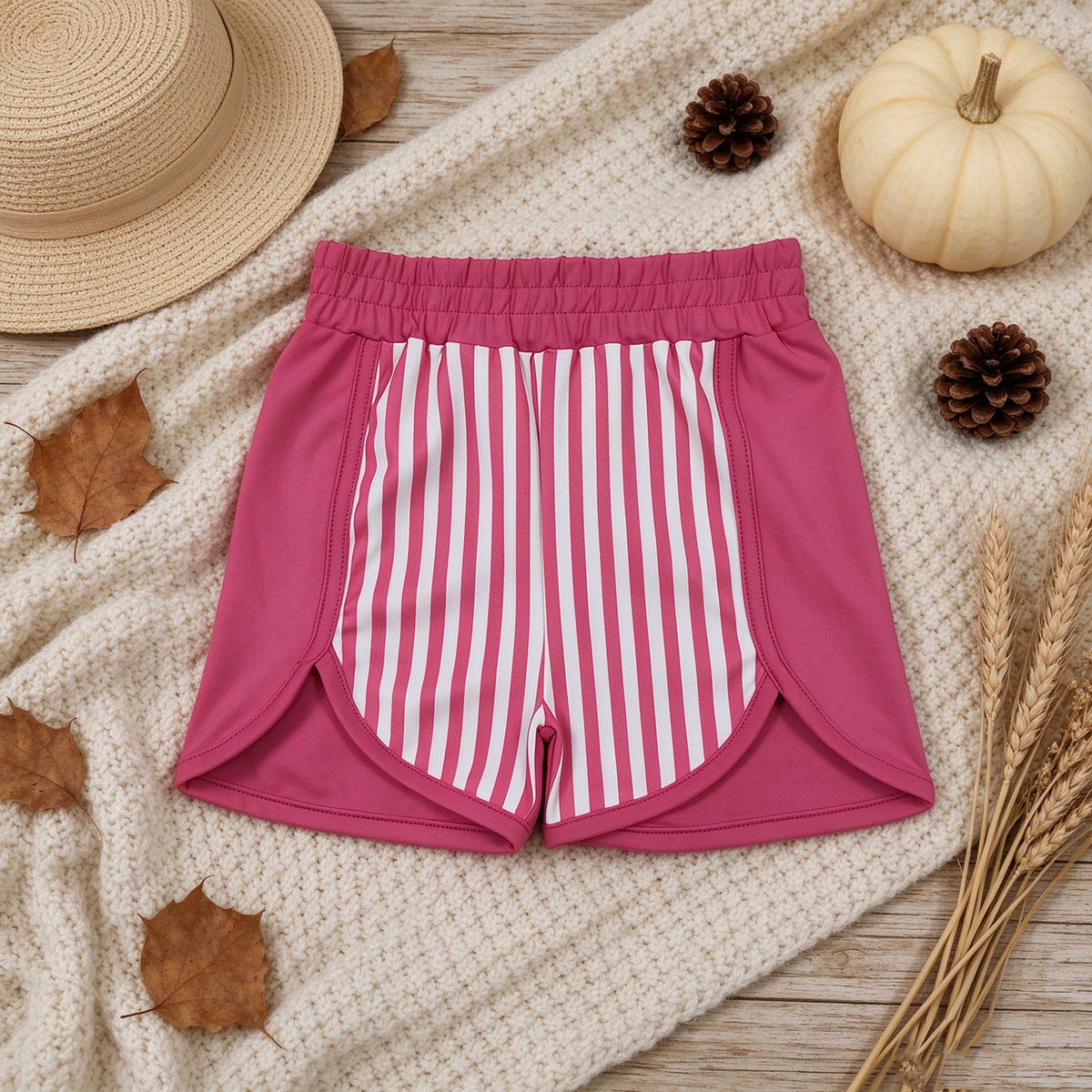 RTS NO MOQ （In stock）yoga fabric SS0949 Baby Girls Pink Stripe Yoga Side Pocket Summer Shorts Bottom
